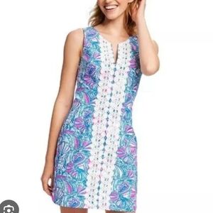 57. Lilly Pulitzer Blue Pink Shift Dress Crochet Detail Size 10